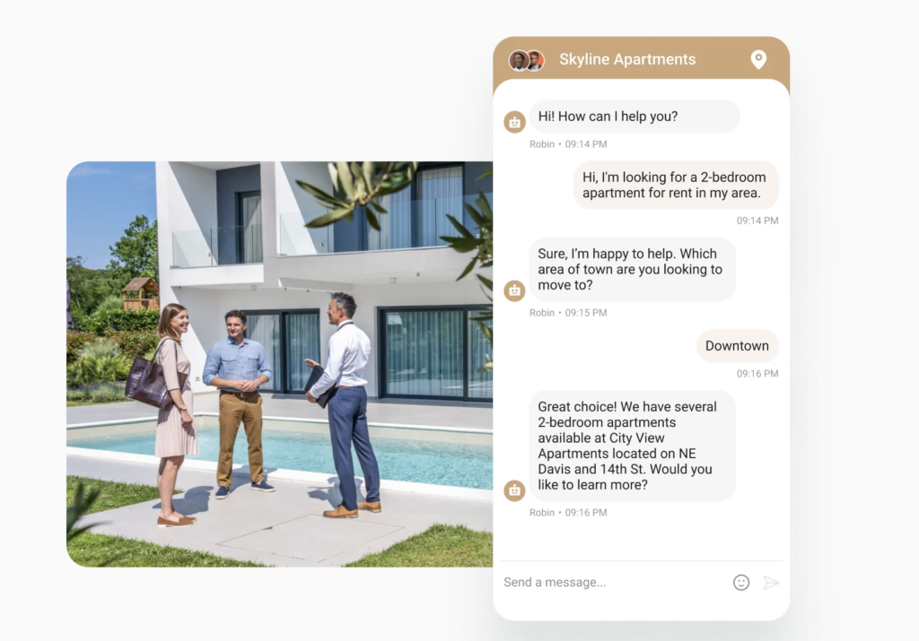 A conversation between a chatbot powered by BirdAI and a potential customer looking for information about apartments